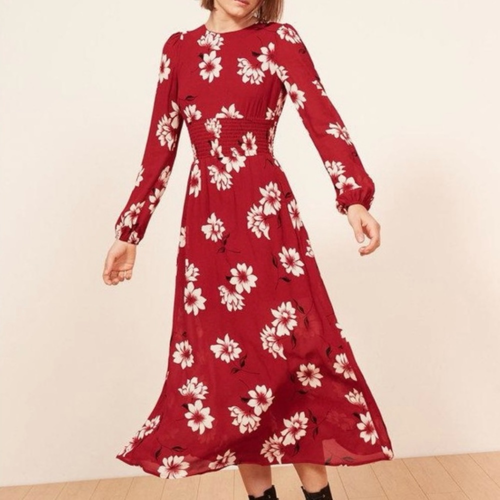 Reformation Virginia Dress Crimson White Flowers / Red Holiday Party Dress